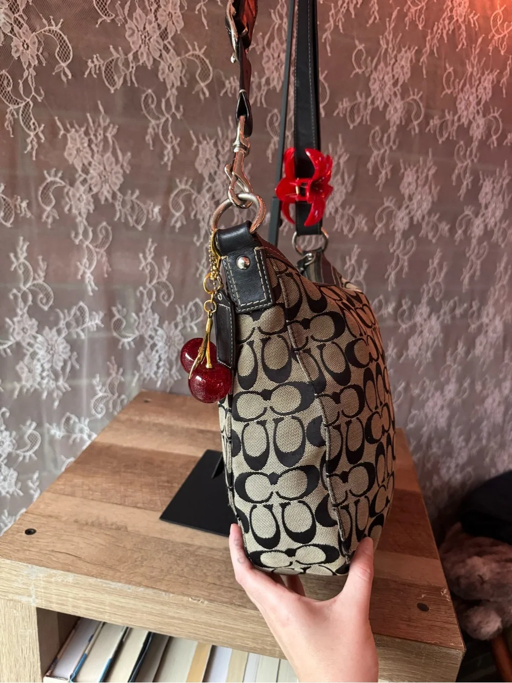 Coach Black and Cream Signature Canvas Shoulder Bag with Cherry Charm